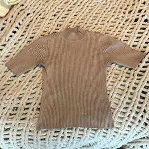 Mock Neck Tan Ribbed Knit Shirt